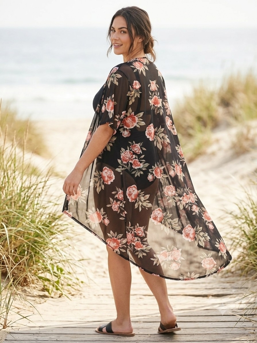 Xhilaration Black Floral Sheer Kimono Swim Cover-Up